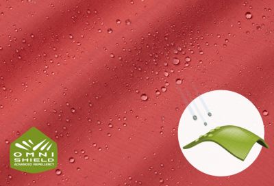 Close up of fabric with the Omni Shield logo in the bottom left and a graphic showing how moisture beads on the fabrics surface.