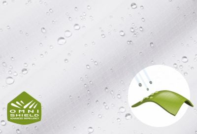 ⁨Close up of fabric with the Omni Shield logo in the bottom left and a graphic showing how moisture beads on the fabric's surface.