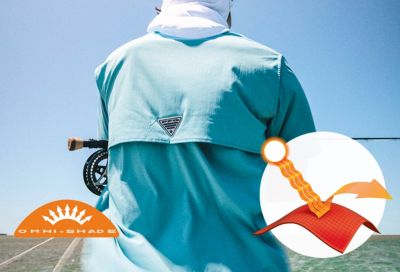 Model fishing in a sunny scene and the Omni shade tech badge in bottom left.