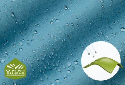 Close up of fabric with the Omni Shield logo in the bottom left and a graphic showing how moisture beads on the fabric's surface.