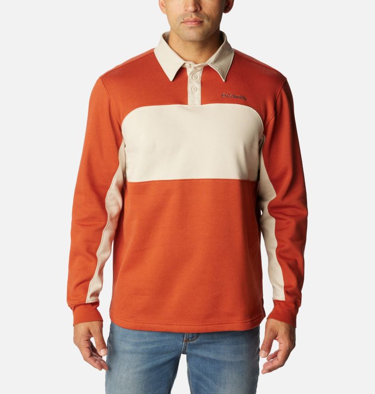 Men's Columbia Trek Long Sleeve Rugby Shirt, Color: Warp Red, Dark Stone, image 1