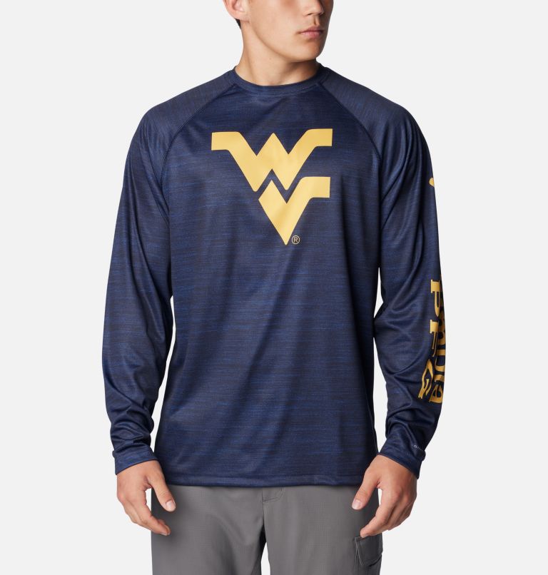 Men's Columbia Navy West Virginia Mountaineers PFG Terminal Tackle Omni-Shade Raglan Long Sleeve T-Shirt