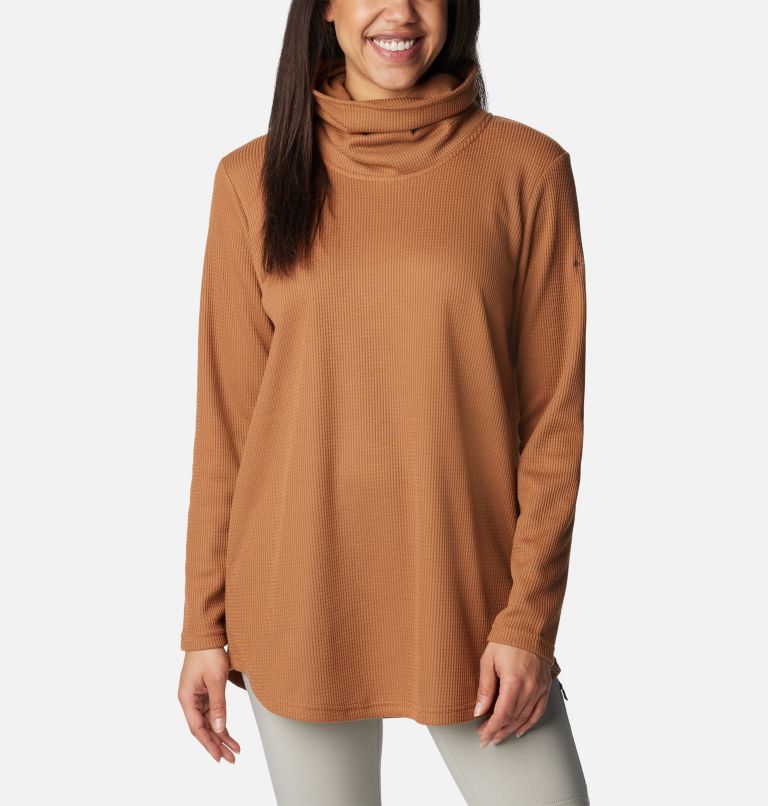 Women's Holly Hideaway Waffle Cowl Neck Pullover, Color: Camel Brown, image 1