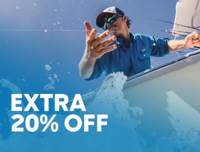 A man fishing from a boat with text that says Extra 20% Off