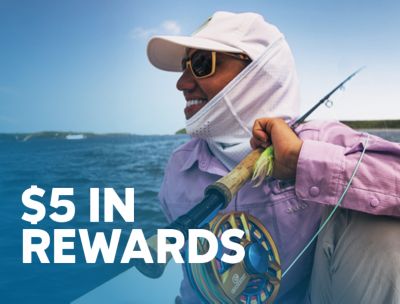 An angler fishing with a hat and gaiter. Text says $5 in Rewards