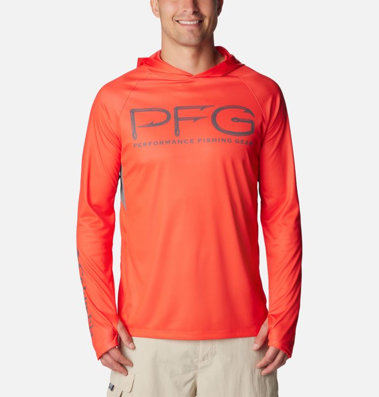 Thumbnail: Men's PFG Terminal Tackle II Vent Hoodie, Color: Bright Poppy, City Grey, image 1