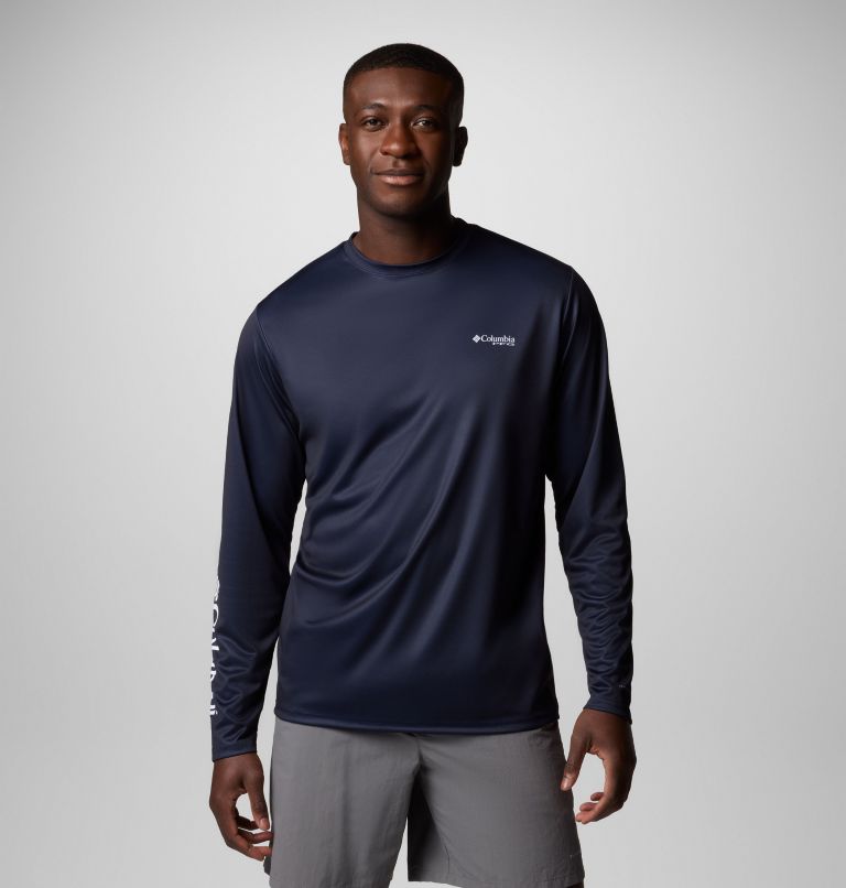 Men's PFG Terminal Tackle Tarpon Rise Long Sleeve Shirt, Color: Collegiate Navy, Marlin Rise, image 3