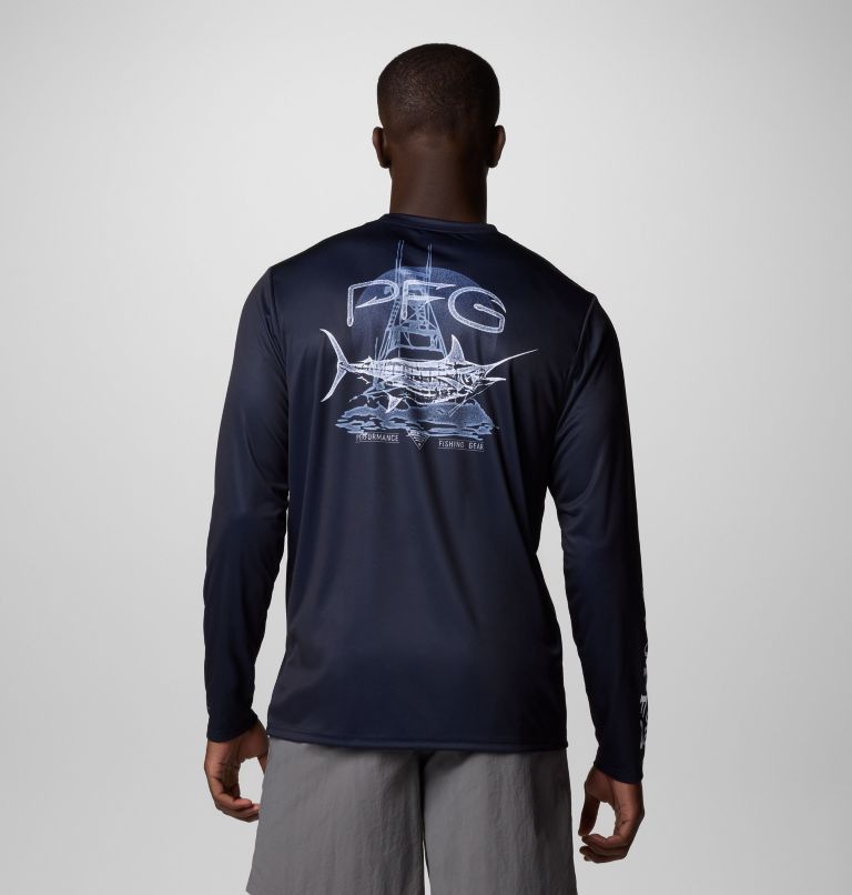 Men's PFG Terminal Tackle Tarpon Rise Long Sleeve Shirt, Color: Collegiate Navy, Marlin Rise, image 1