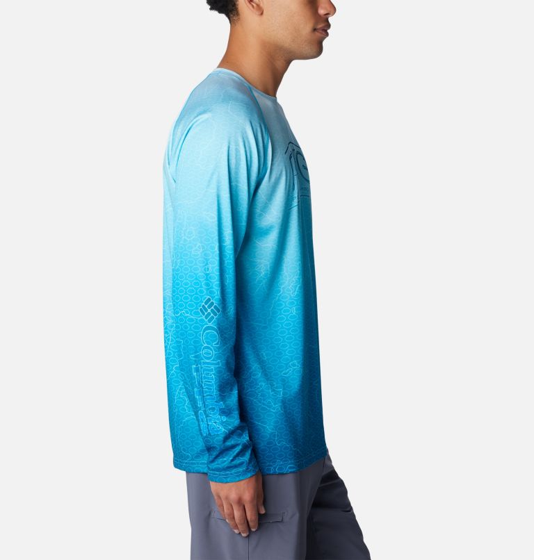 Thumbnail: Men's PFG Super Terminal Tackle Super Fade Long Sleeve Shirt, Color: Ocean Blue Techcamo, Bathymetric SF, image 3