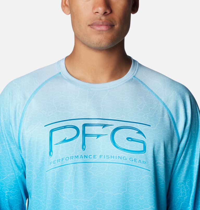 Thumbnail: Men's PFG Super Terminal Tackle Super Fade Long Sleeve Shirt, Color: Ocean Blue Techcamo, Bathymetric SF, image 4