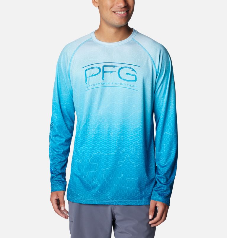 Thumbnail: Men's PFG Super Terminal Tackle Super Fade Long Sleeve Shirt, Color: Ocean Blue Techcamo, Bathymetric SF, image 1