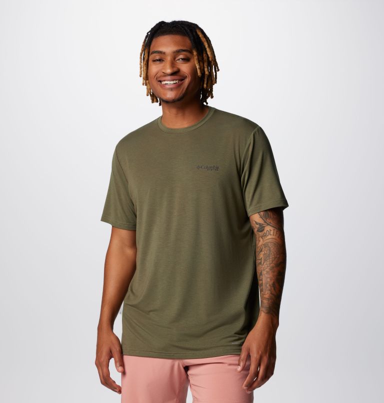 Men's PFG Uncharted Short Sleeve Tech T-Shirt, Color: Cypress Fly Box, image 2