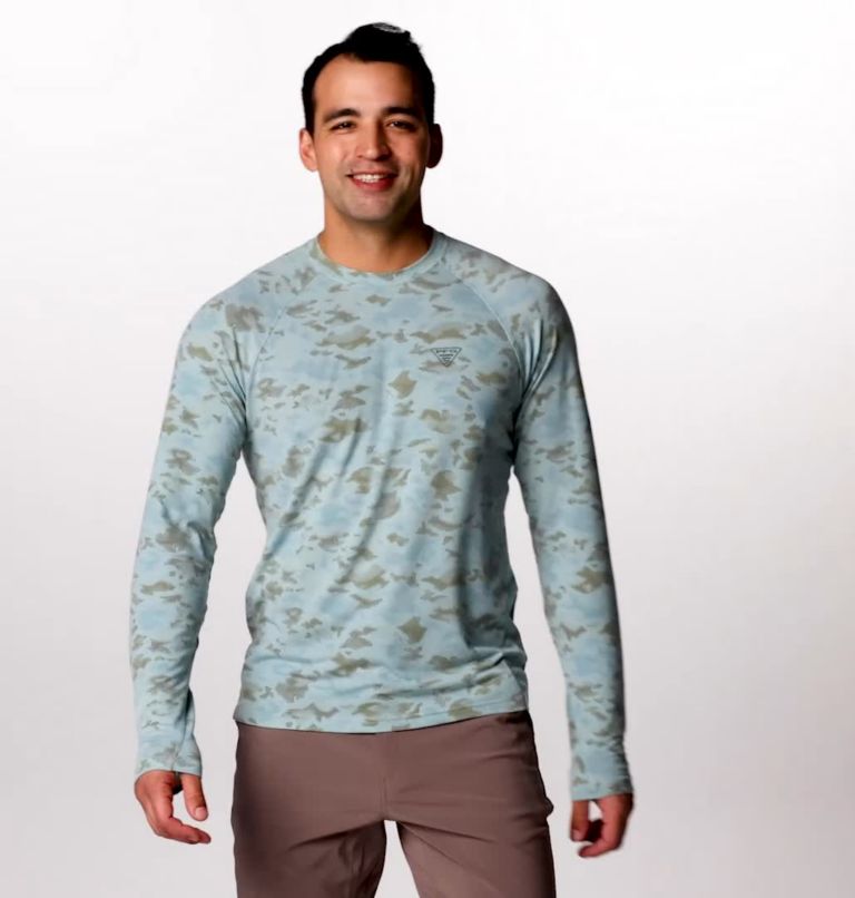 Men's PFG Uncharted Technical Long Sleeve T-Shirt, Color: Crushed Blue Uncharted Waters