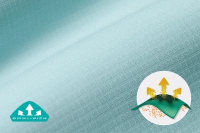 Close-up of fabric with the Omni Wick logo in the bottom left and a graphic showing how moisture evaporates from the fabric's surface.