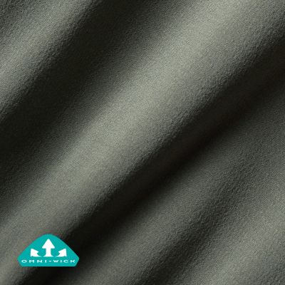 Close up of fabric with the Omni Wick logo in the bottom left and a graphic showing how moisture evaporates from the fabric's surface.