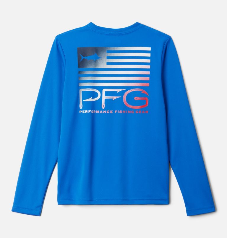 Thumbnail: Boys' PFG Terminal Tackle Bait Jumper Long Sleeve Shirt, Color: Vivid Blue, PFG Y Fish Star Fade Marlin, image 2