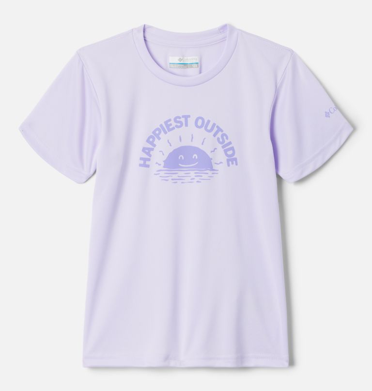 Thumbnail: Girls' Fork Stream Short Sleeve Graphic Shirt, Color: Purple Tint, Happier Outside, image 1