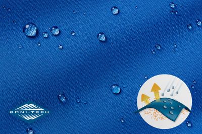 Close-up of fabric with the Omni Tech logo in the bottom left and a graphic showing how moisture beads on the fabric's surface.