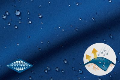 Close up of fabric with the Omni Tech logo in the bottom left and a graphic showing how moisture beads on the fabric's surface.