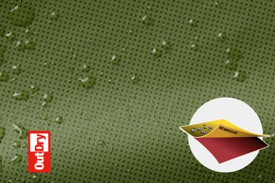 Close up of Outdry texture with beaded water and logo in corner.