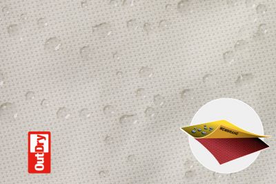 Close up of Outdry texture with beaded water and logo in corner.