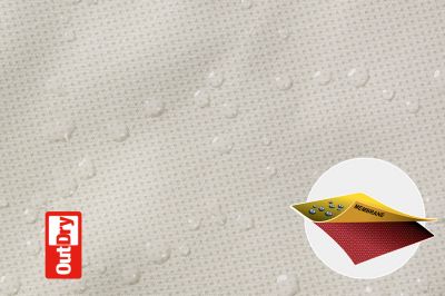 Close up of Outdry texture with beaded water and logo in corner.