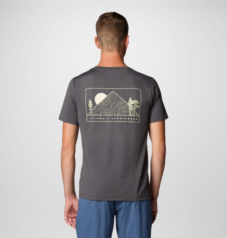 Men's Kwick Hike Technical Graphic T-Shirt, Color: Black Heather, Peaked Sunscape, image 1
