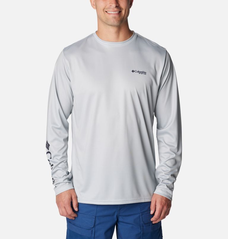 Thumbnail: Men's PFG Terminal Tackle Fins and Stripes Long Sleeve Shirt, Color: Cool Grey, Fins & Stripes, image 1