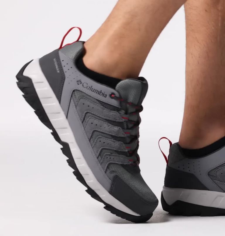 Men's Strata Trail Low Waterproof Shoe, Color: Ti Grey Steel, Mountain Red