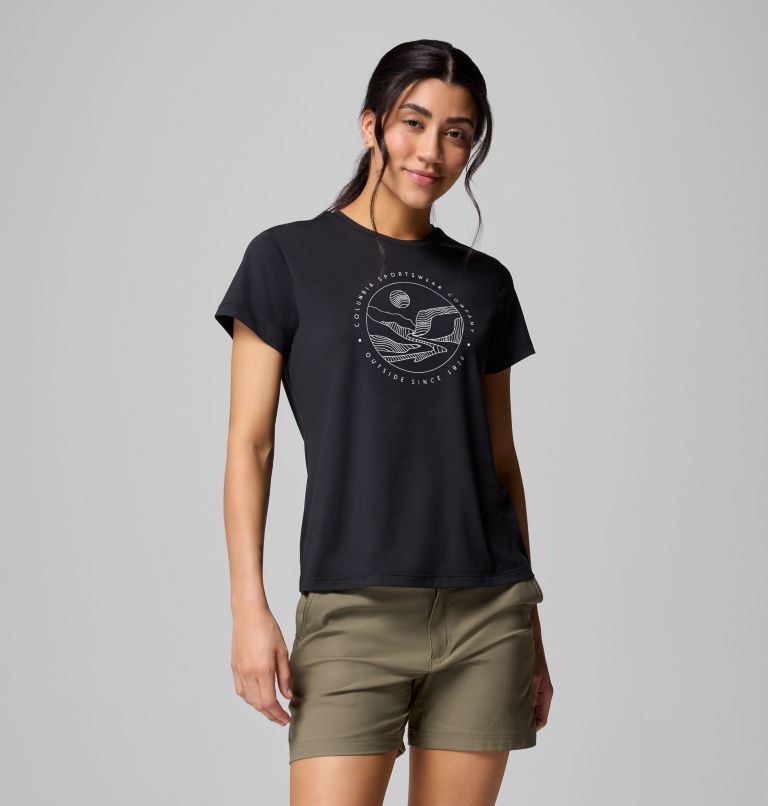 Women's Sloan Ridge Graphic Short Sleeve T-Shirt, Color: Black, Linear Landscape, image 1