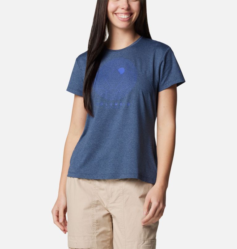 Women's Sloan Ridge Technical Graphic T-Shirt, Color: Collegiate Navy Heather, Linear Landscap, image 1