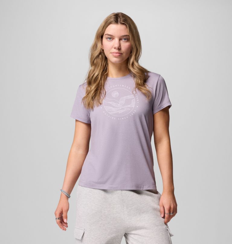 Women's Sloan Ridge Graphic Short Sleeve T-Shirt, Color: Shale Purple, Linear Landscape, image 1