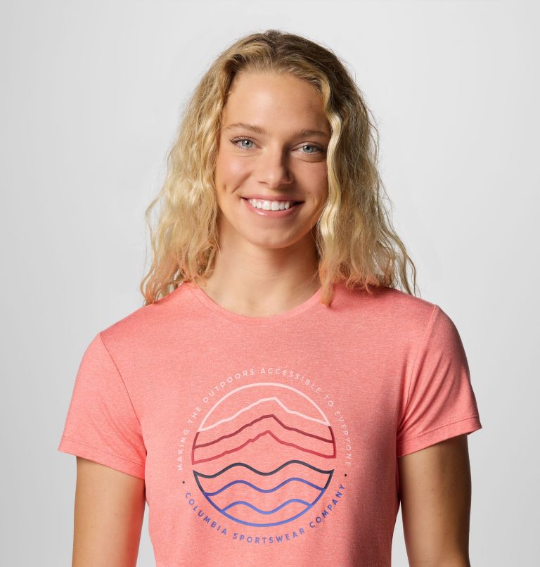 Women's Sloan Ridge Technical Graphic T-Shirt, Color: Alpenglow, Find Your Trail, image 4