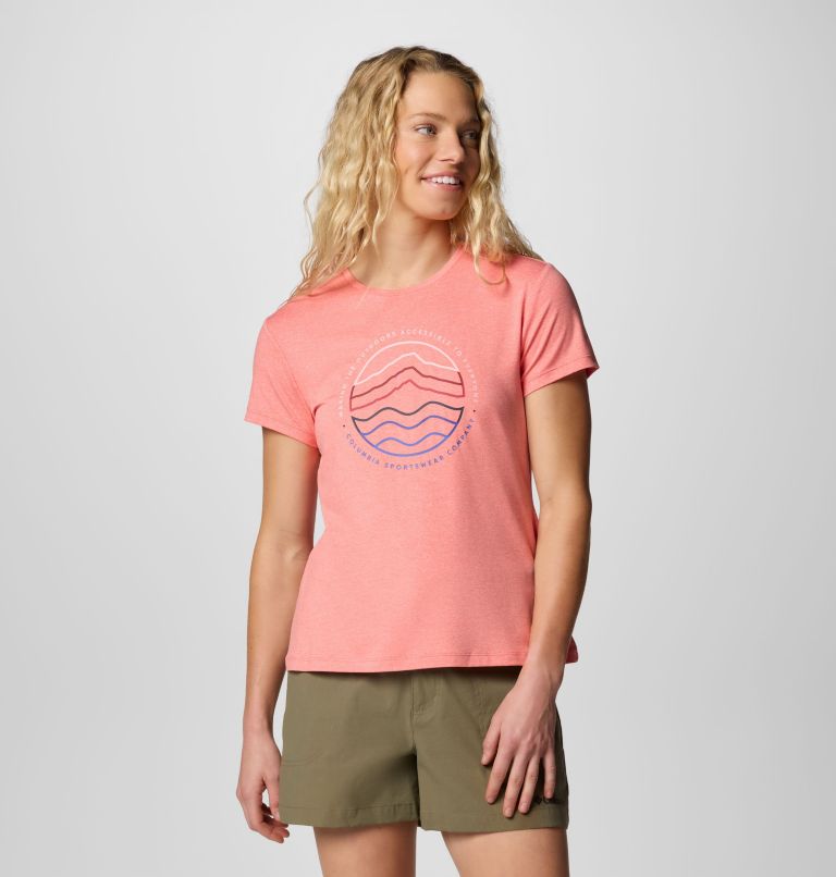 Women's Sloan Ridge Technical Graphic T-Shirt, Color: Alpenglow, Find Your Trail, image 1