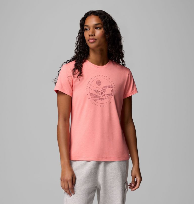 Camiseta técnica estampada Sloan Ridge para mujer, Color: Alpenglow, Linear Landscape, image 1