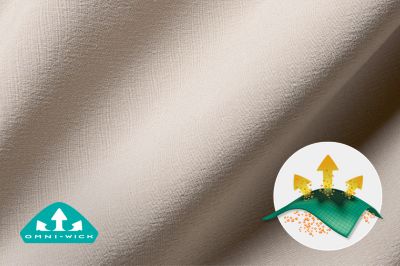 Close up of fabric with the Omni Wick logo in the bottom left and a graphic showing how moisture evaporates from the fabric's surface.