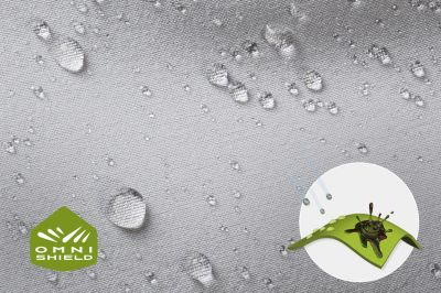 Close-up of fabric with the Omni Shield logo in the bottom left and a graphic showing how moisture beads on the fabric's surface.
