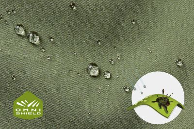 Close-up of fabric with the Omni Shield logo in the bottom left and a graphic showing how moisture beads on the fabric's surface.
