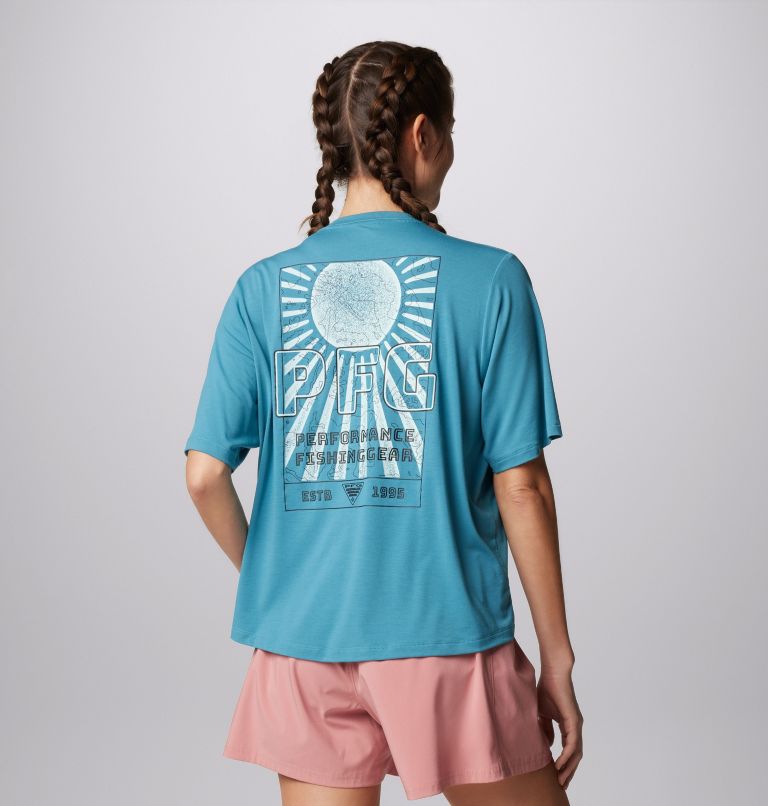 Women's PFG Uncharted Short Sleeve Tech T-Shirt, Color: Canyon Blue, W Uncharted, image 2