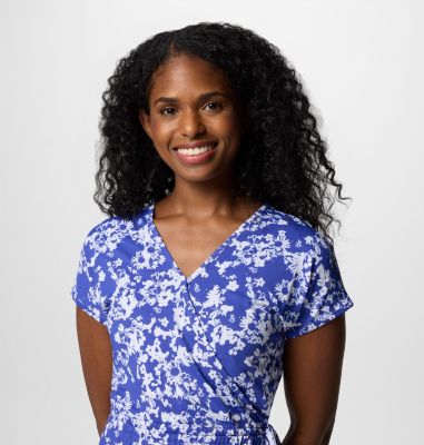 Women's Chill River Print Wrap Dress, Color: Clematis Blue Popflorid, image 8