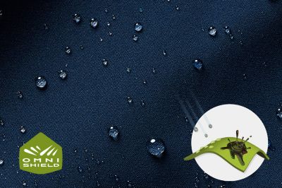 Close up of fabric with the Omni Shield logo in the bottom left and a graphic showing how moisture beads on the fabric's surface.