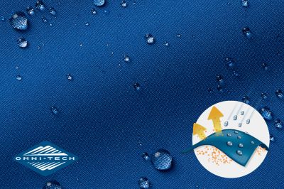 Close up of fabric with the Omni Tech logo in the bottom left and a graphic showing how moisture beads on the fabric's surface.