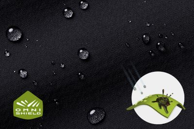 Close up of fabric with the Omni Shield logo in the bottom left and a graphic showing how moisture beads on the fabric's surface.