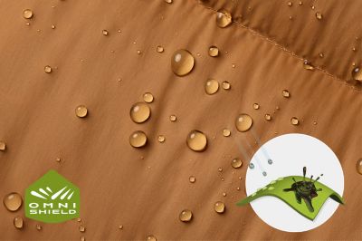 Close up of fabric with the Omni Shield logo in the bottom left and a graphic showing how moisture beads on the fabric's surface.