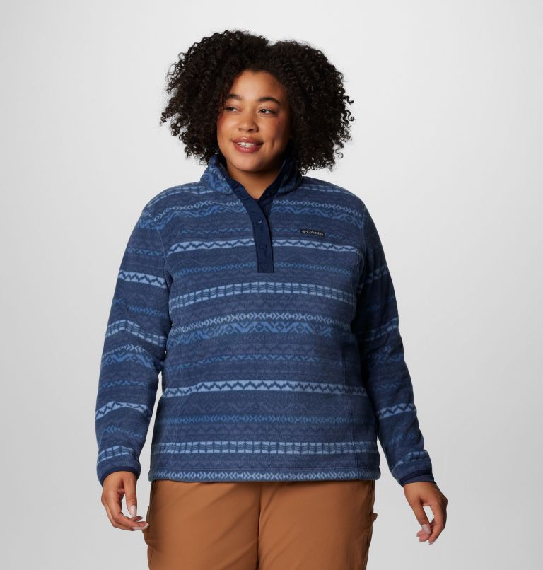 Chandail imprimé à demi-fermeture pressionnée en laine polaire Benton Springs pour femmes – Grandes tailles, Color: Collegiate Navy Madras, image 1