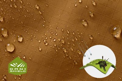 Close up of fabric with the Omni Shield logo in the bottom left and a graphic showing how moisture beads on the fabric's surface.