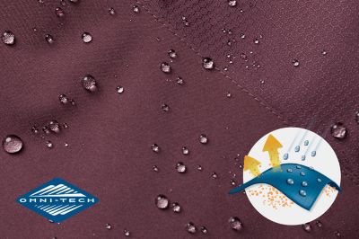 Close up of purple fabric with the Omni Tech logo in the bottom left and a graphic showing how moisture beads on the fabric's surface.