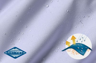 Close up of fabric with the Omni Tech logo in the bottom left and a graphic showing how moisture beads off the fabric's surface.