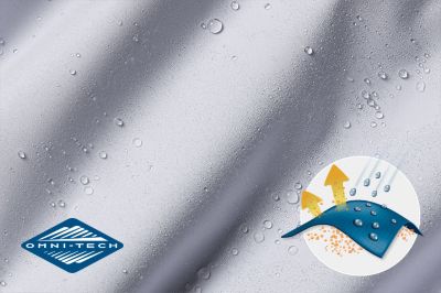 Close up of the pant's tan fabric with the Omni Wick logo in the bottom left and a graphic showing how moisture rises to the fabric's surface to evaporate in the bottom right.