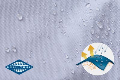 Close up of fabric with the Omni Tech logo in the bottom left and a graphic showing how moisture beads on the fabric's surface.